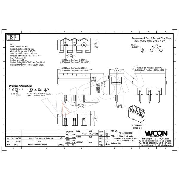 5.08 Plug In Terminal Block Connector Single Row 1*3P180 Degree DIP, Single Weight Both Sides