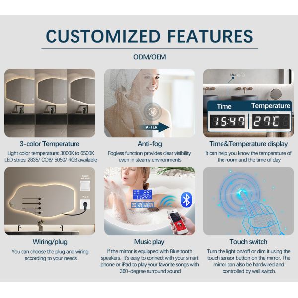 Dimming Customizable Backlit Vanity Mirror Wave Edge Wall-Mounted LED Bathroom Mirror with Anti-Fog