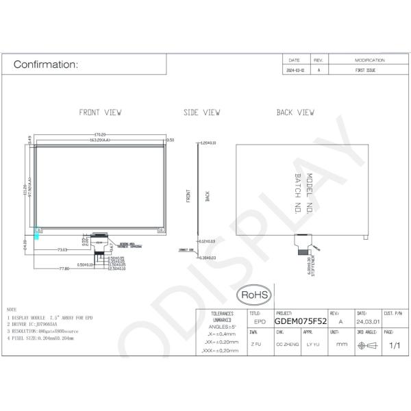 7.5'' 480*800 4 Color JD79665AA E-paper Display EPD
