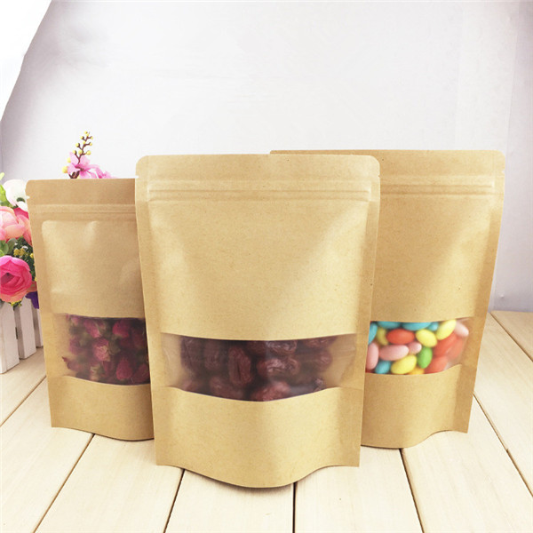 Brown Custom Paper Bags With Clear Window For Herbal Chips Packaging