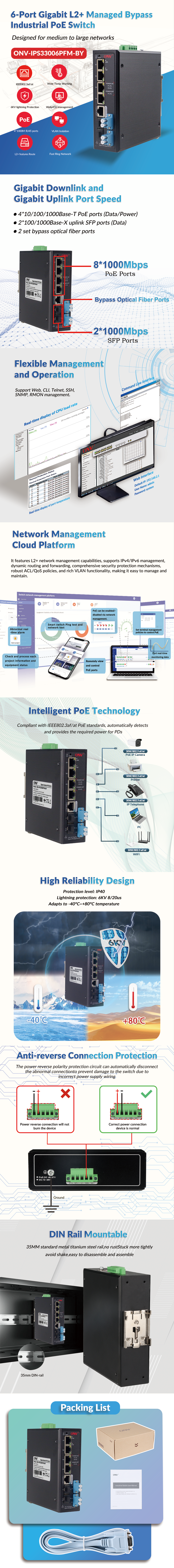 6 Port Gigabit Industrial PoE Switch With Bypass Function L2+ Network Management