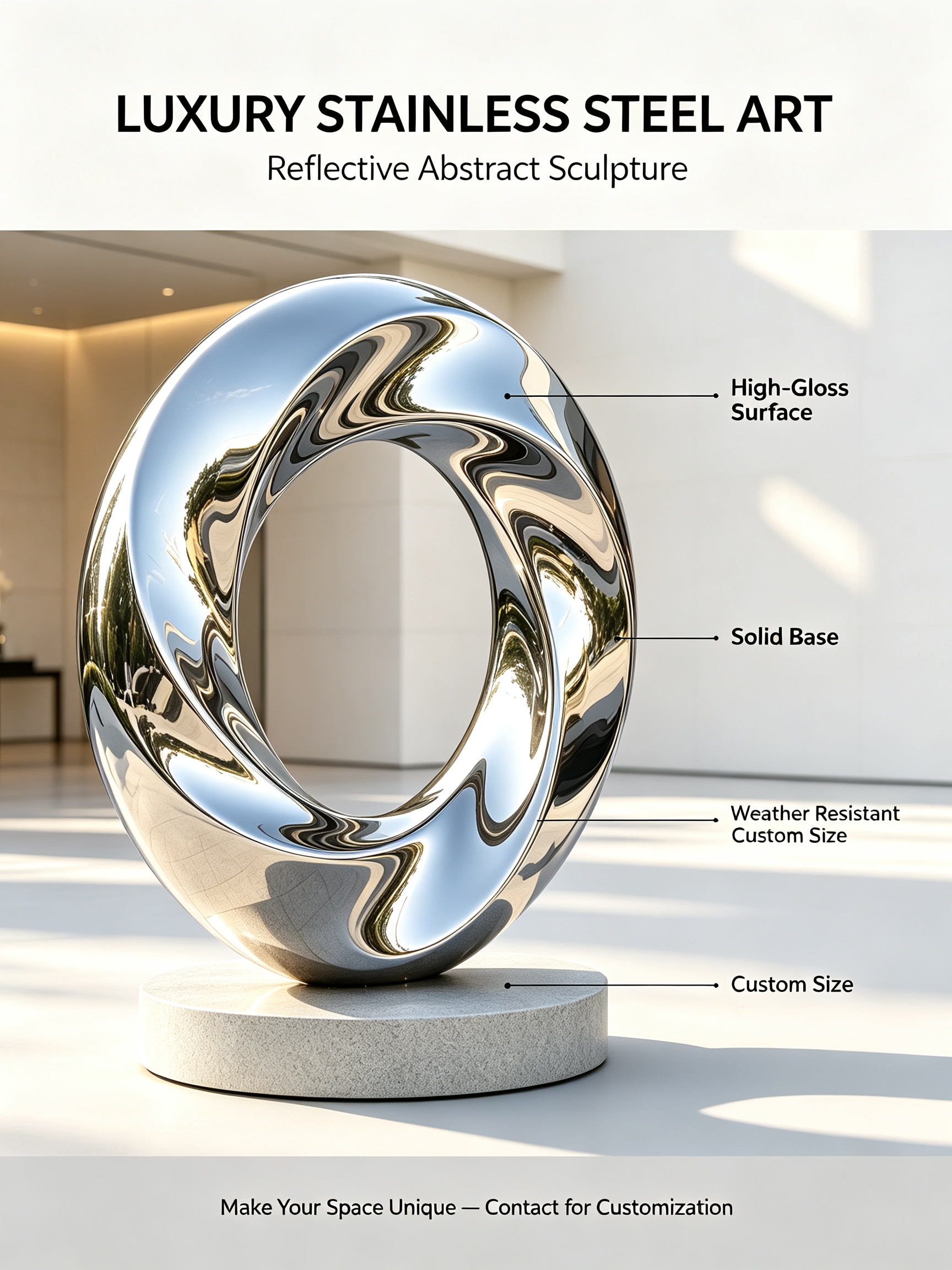 Mirror Polished Customizable Weather-Resistant Twisted Loop Abstract Ring Sculpture