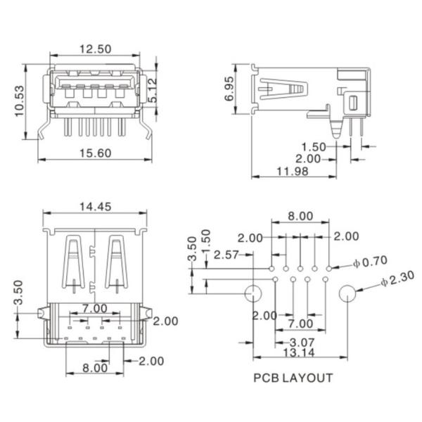 Curling SMT female Usb Connector Pcb Mount Socket 30 Milliohms