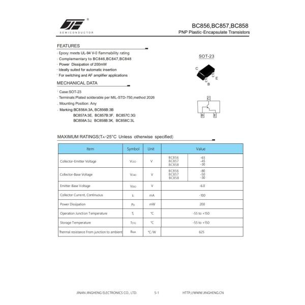 BC857 SOT-23 Package 200mW PNP Plastic-Encapsulate Transistors for Electronic Devices