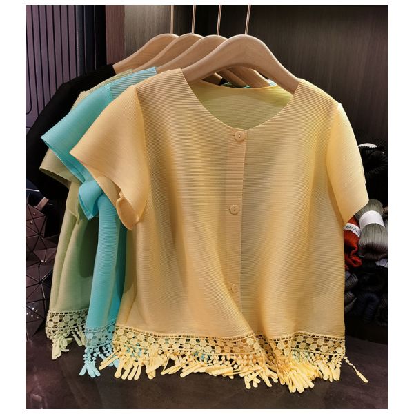 Sweet Tassel Design Spring Summer New Solid Color Thin Rabbit Polyester Casual Short Sleeve Cardigan Top Crewneck Loose Short
