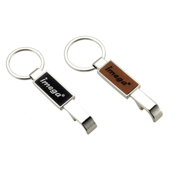 Laserable PU Leather Metal Bottle Opener Keychain Rectangle With Keyring