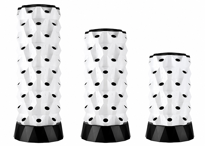 Technical specifications and dimensional details of hydroponic tower models