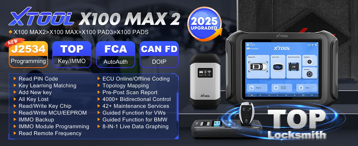 XTOOL X100 MAX2 Key Programmer with J2534 ECU Programming 42+ Maintenance Functions and FCA Autoauth for Professional Automotive Diagnostics