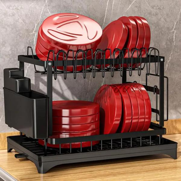 Kitchen Dish Drying Rack with Drainboard 2-layer Foldable Tableware