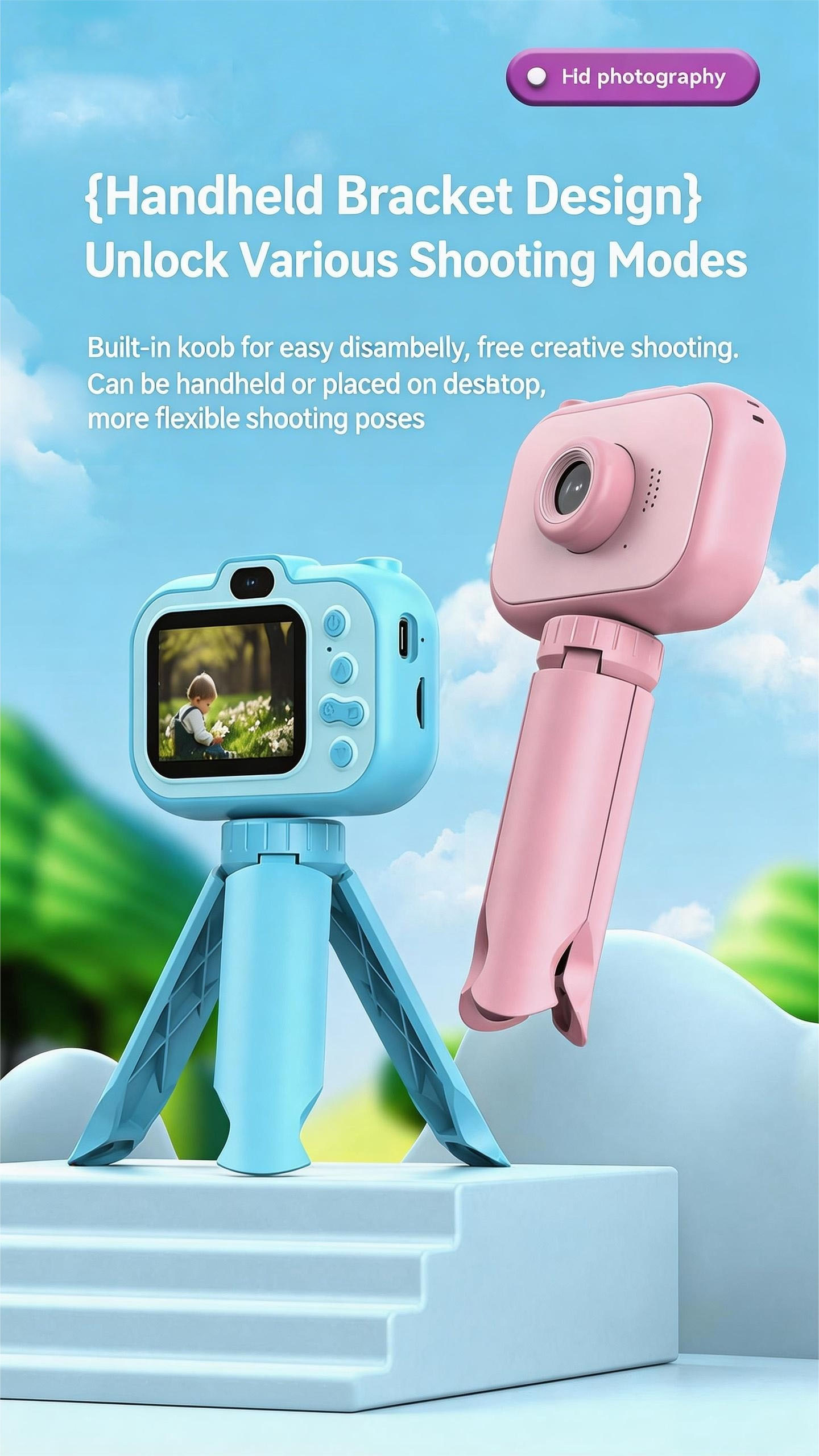 DLC Cartoon Digital Camera Unicorn Dolphin Appearance Easy One Touch Button Timed Selfie Mini Boys Girls MicroSD Filter MP3
