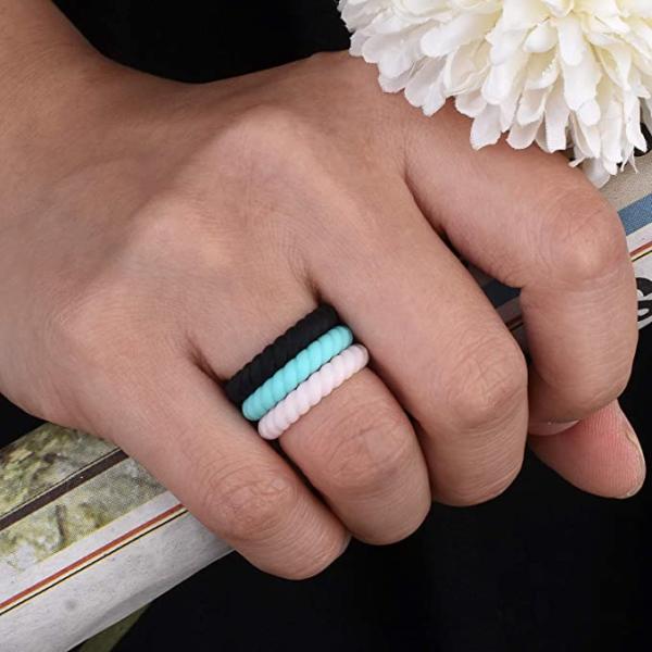 Thin Braided Stackable Sport Black Ring Hypoallergenic Silicone Wedding Rings for Women