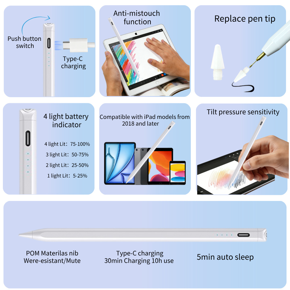 Push Button Switch with Tilt-sensitive Anti-mistouch Function Touch Pencil ipad Stylus Pen for IPads After 2018