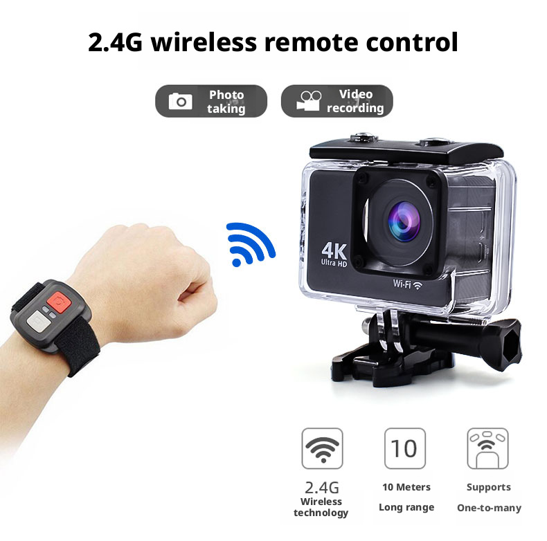 4K Action Camera Slow Motion Camera Time Lapse Camera for Skiing Outdoor Adventure 170° Angle Camera 30m Waterproof Camera Wifi