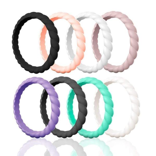 Thin Braided Stackable Sport Black Ring Hypoallergenic Silicone Wedding Rings for Women