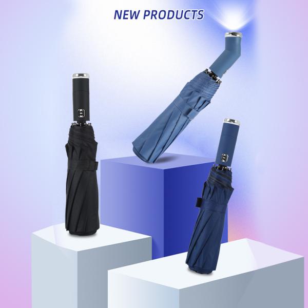 23 inch Pongee Panel LED Fold Umbrella with 10 Bones and Double Bone Automatic Flashlight
