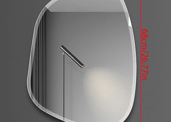 Modern frameless bathroom mirror with asymmetrical design and beveled edges