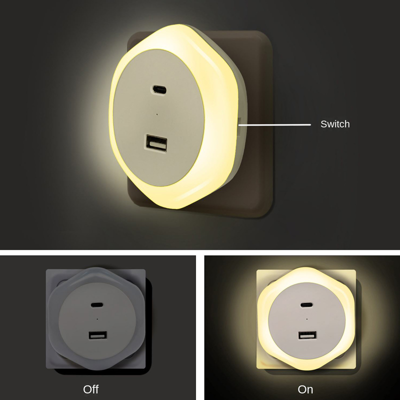 Support Dimming Mini Plug-in LED Night Light Lamp with USB and Type-C Charging Socket