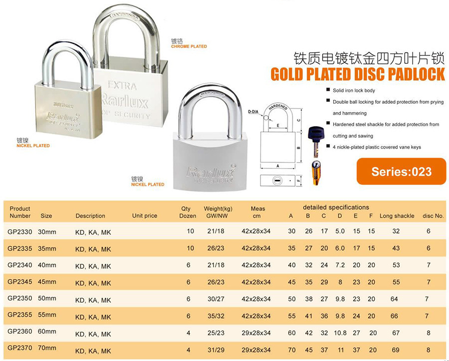 Gold plated disc padlock - premium security lock with elegant gold finish