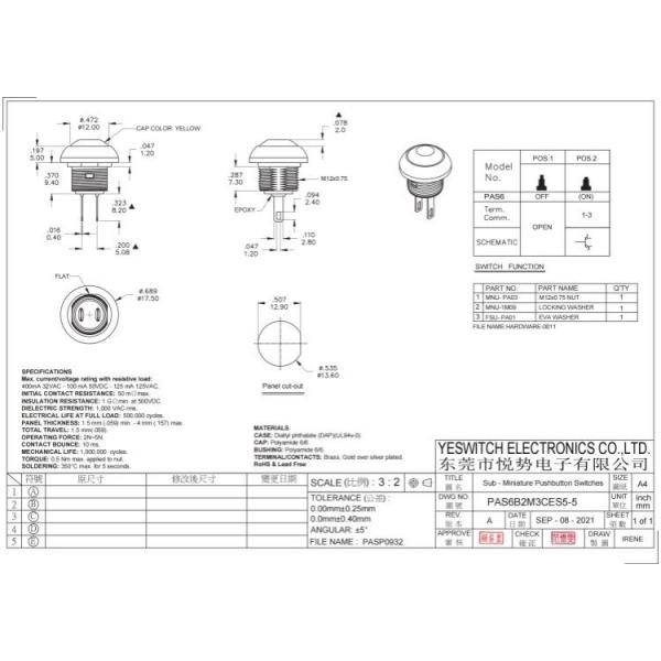 Yeswitch 12mm IP67 Automotive Push Button Switch with Yellow Cap