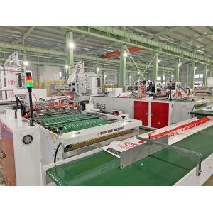 Fully automatic four function soft loop patch die cut poly draw handle shopping