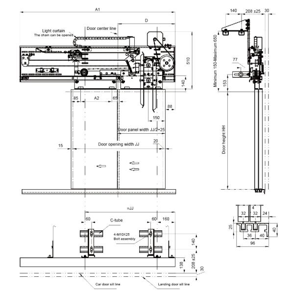 600mm - 1400mm Passenger Elevator Door Operator 2 Leafs Side Opening 1 Year Warranty