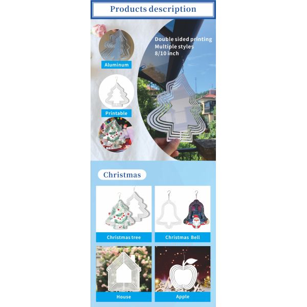Sublimation Christmas Tree Shape Wind Spinners Double Sides Printing Sublimation Metal Blanks Wind Spinners for Garden Decor