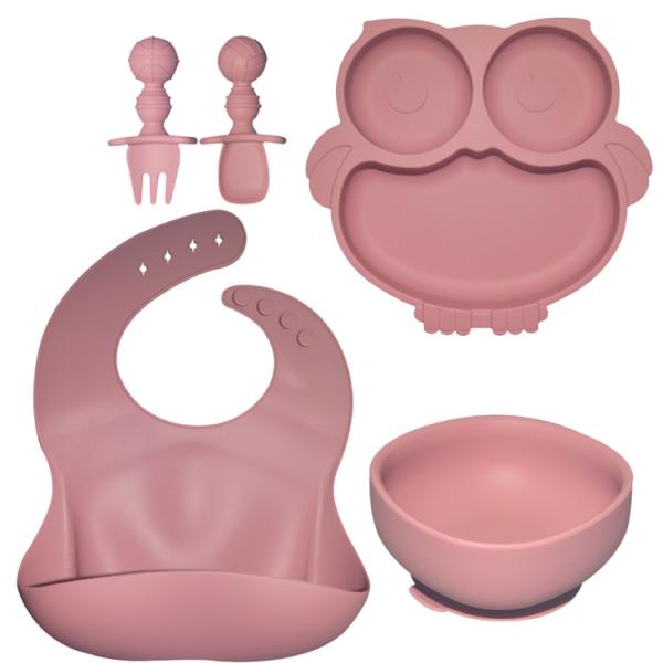 6 Pcs Silicone Baby Feeding Plates With Cup Bib Bowl Fork Spoon Nontoxic Food Tray Dishes