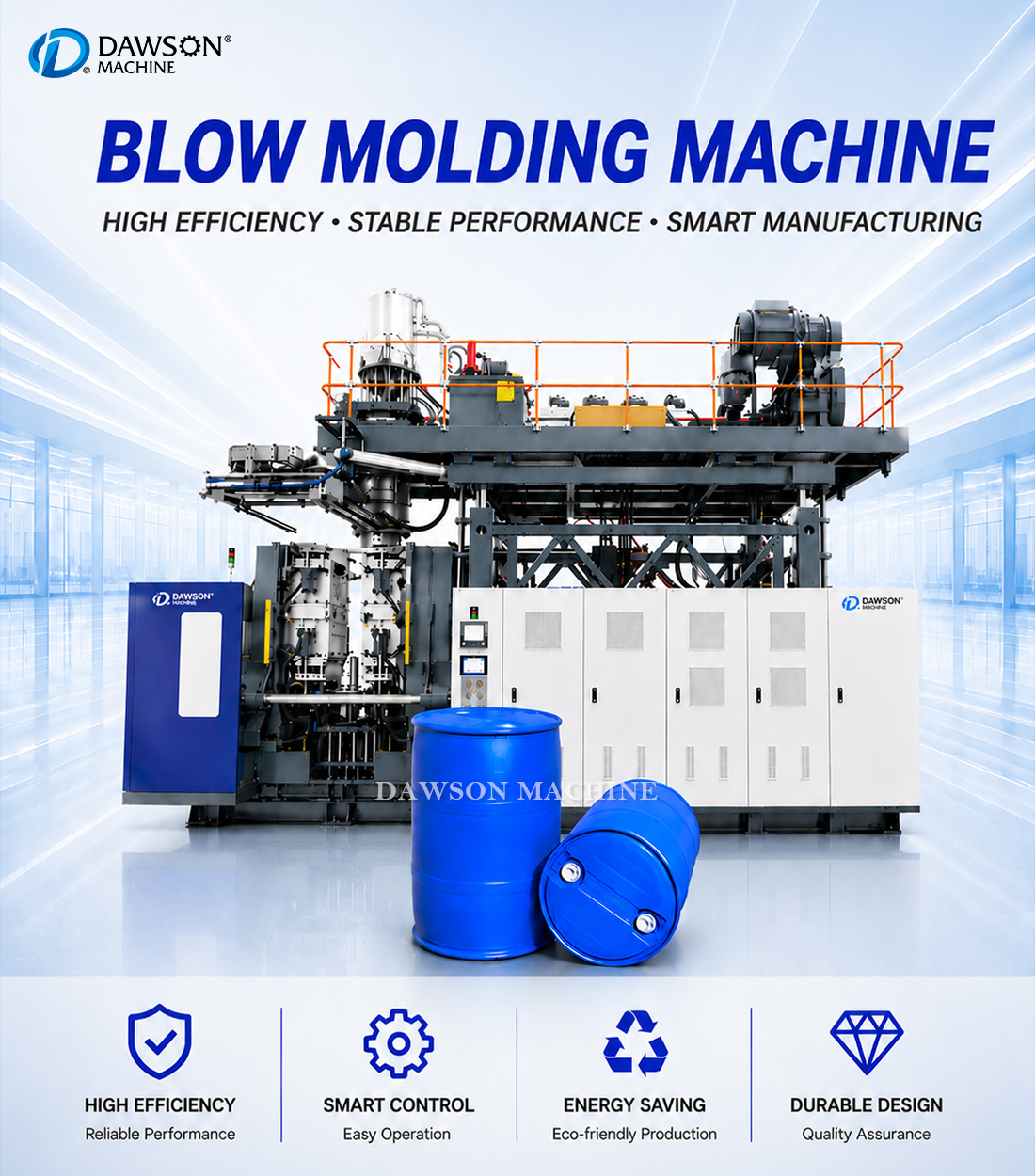 Automatic 200L Plastic Drum Blow Molding Machine Double Ring Barrel Machine for Chemical Lubricant Paint Plant