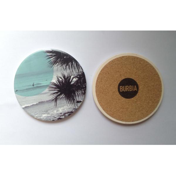 Round ceramic coaster with cork backing and UV printed/ silkscreen logo