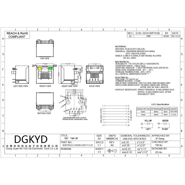 RJ45 Without Transformer Network Port Socket 8P8C With LED Direct Insertion Vertical RJ45 DGKYD52A1188AB1A3D1Y1143