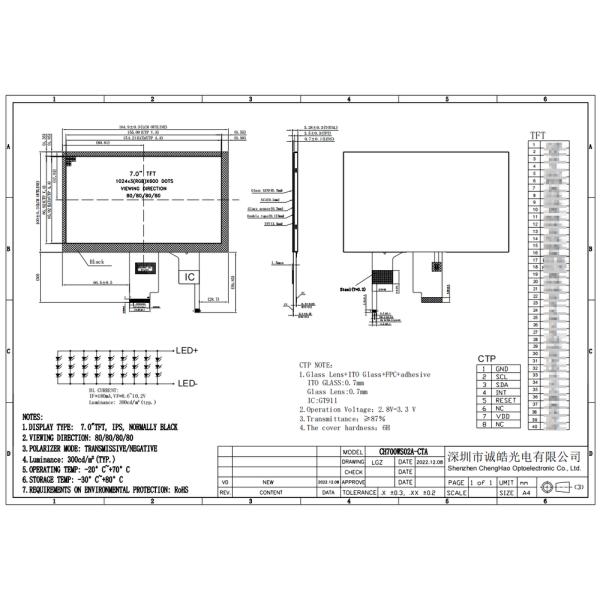 7 Inch Capacitive Touch Lcd Display 1024*600 For -20 ~ +70℃ Wide-temp