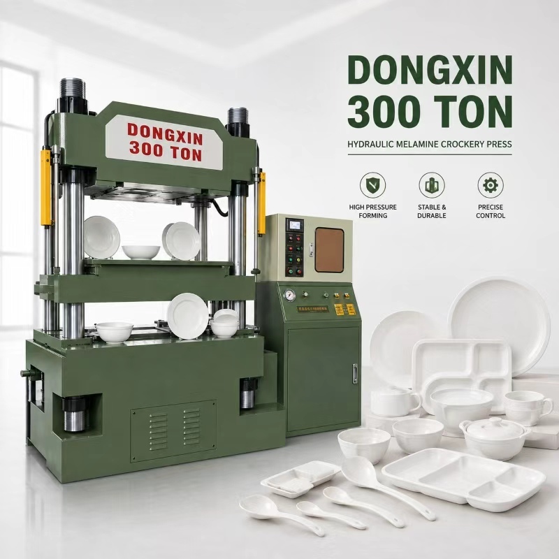 Close-up view of melamine moulding machine hydraulic system