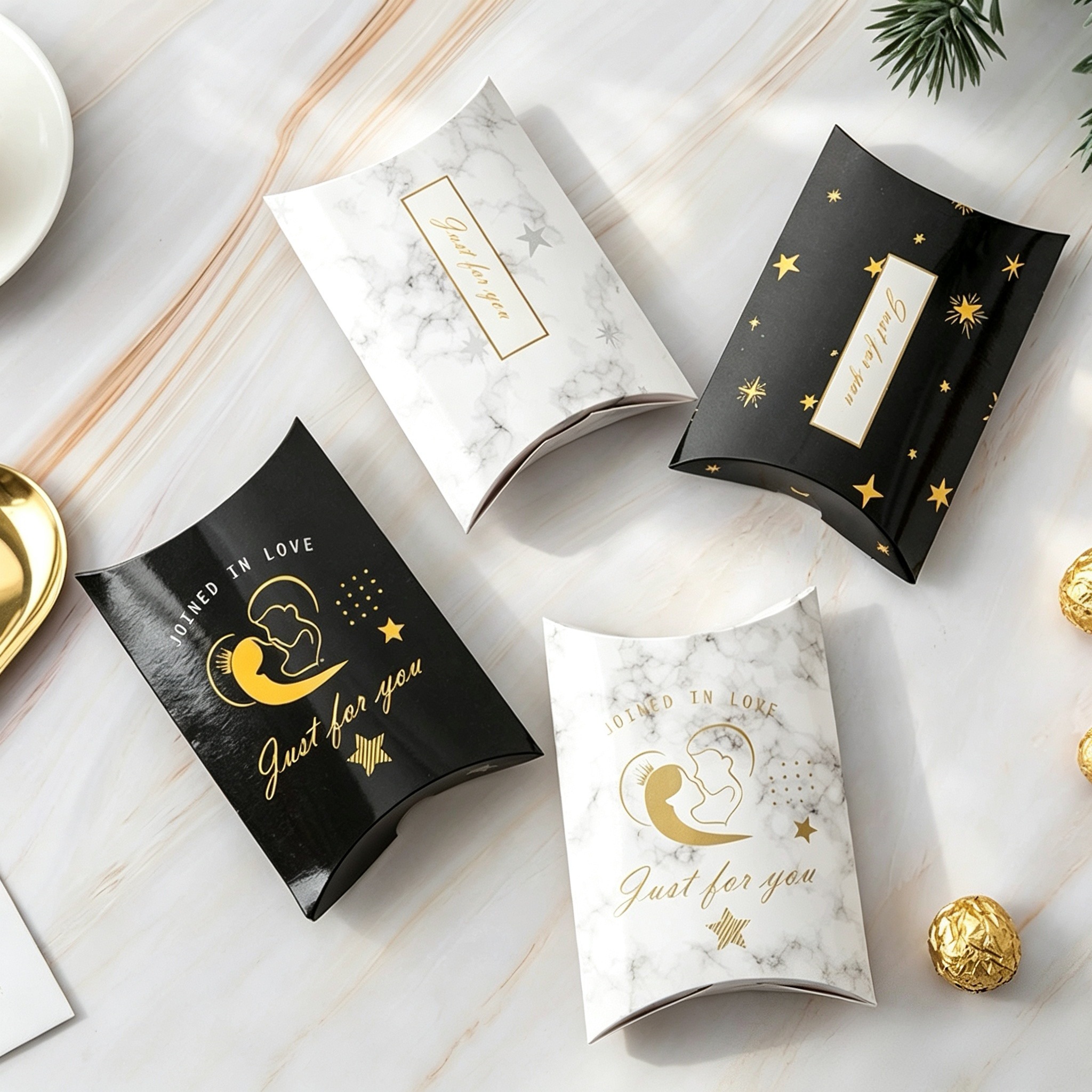 Paper Pillow Boxes Foil Stamped Foldable Packaging for Gift Candy