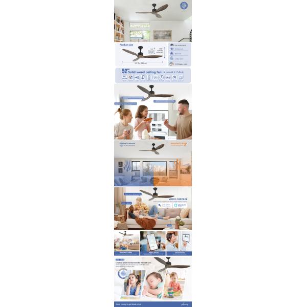 52" Solid Wood Decorative Ceiling Fan Remote Control/Wall Control/APP/WIFI Operation