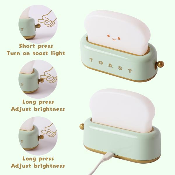 LED Night Light Toaster Modern Design Timer Adjustable Brightness Rechargeable Power Source Best Gift Women Boys Small Bedroom