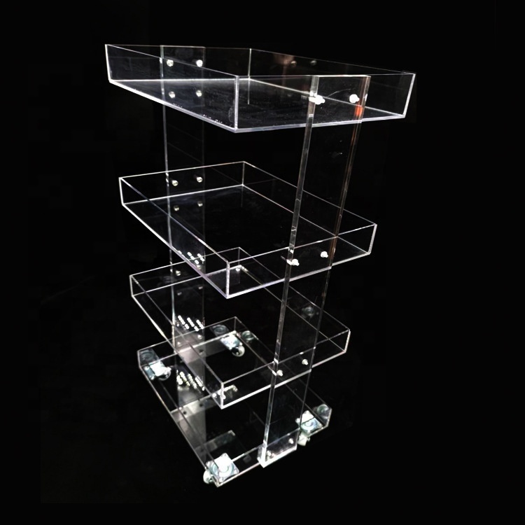 Factory Wholesale Rolling Wheels Crystal Clear Multi-Tier Rectangular Compact Portable Acrylic Storage Tray for Side Table