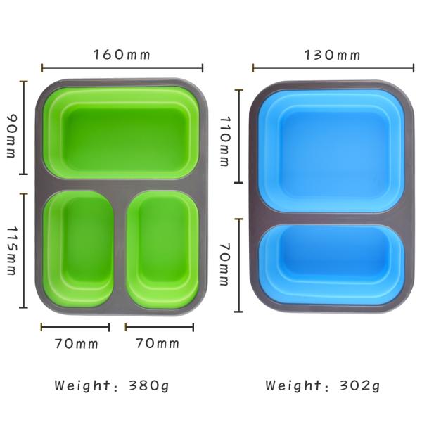 3 Compartment Lunch Containers 350mL 650mL Silicone Foldable Lunch Box