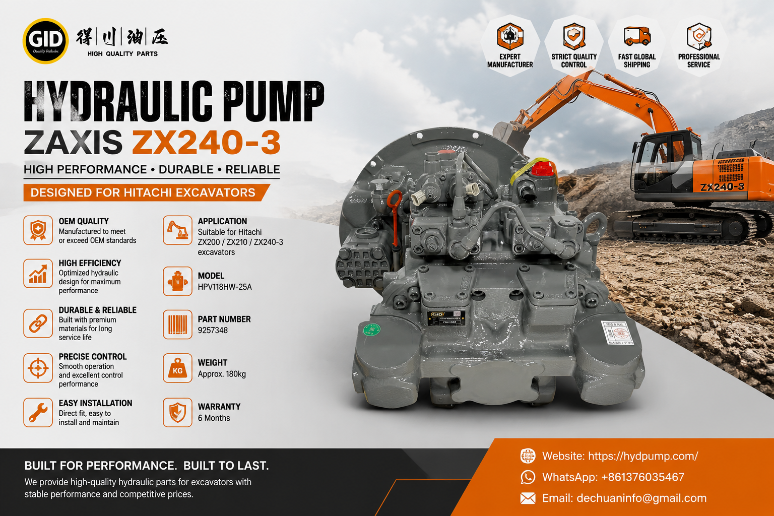 High Pressure High Efficiency Stable Operation Excavator Hydraulic Main Pump HPV102GW-25A for Hitachi ZX240-3G