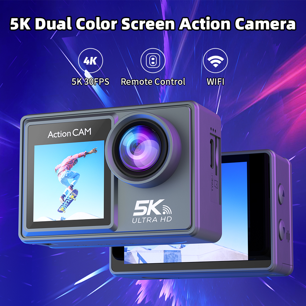 5K Dual Screen Action Camera with MIC EIS Stabilization WiFi Remote Control Waterproof for Outdoor Sports
