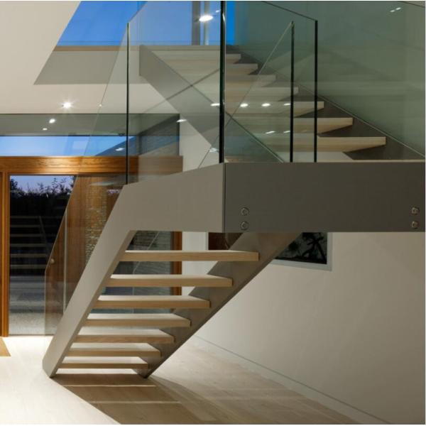 Double Side Plate Steel Structure Staircase Open Riser Indoor With Glass Railing