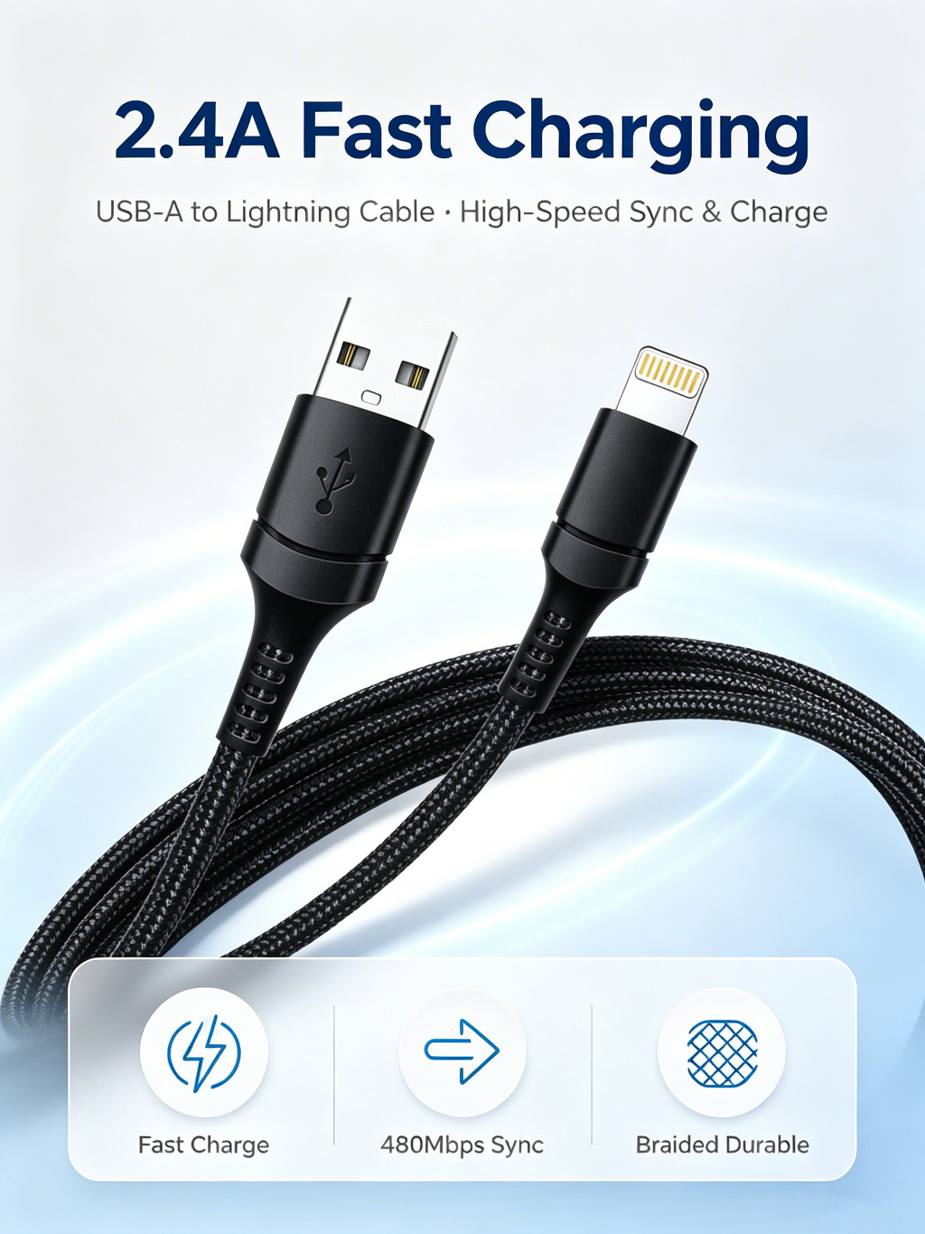 1m Lighting To Usb Cable Fast Charging Data Cable Nylon Braided