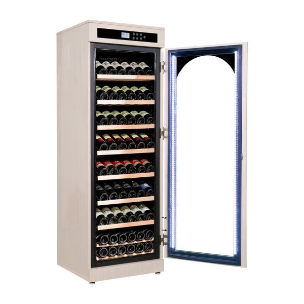 Modern Light Beige Solid Wood Kitchen Wine Cooler with Digital Control Panel and Arched Glass Door
