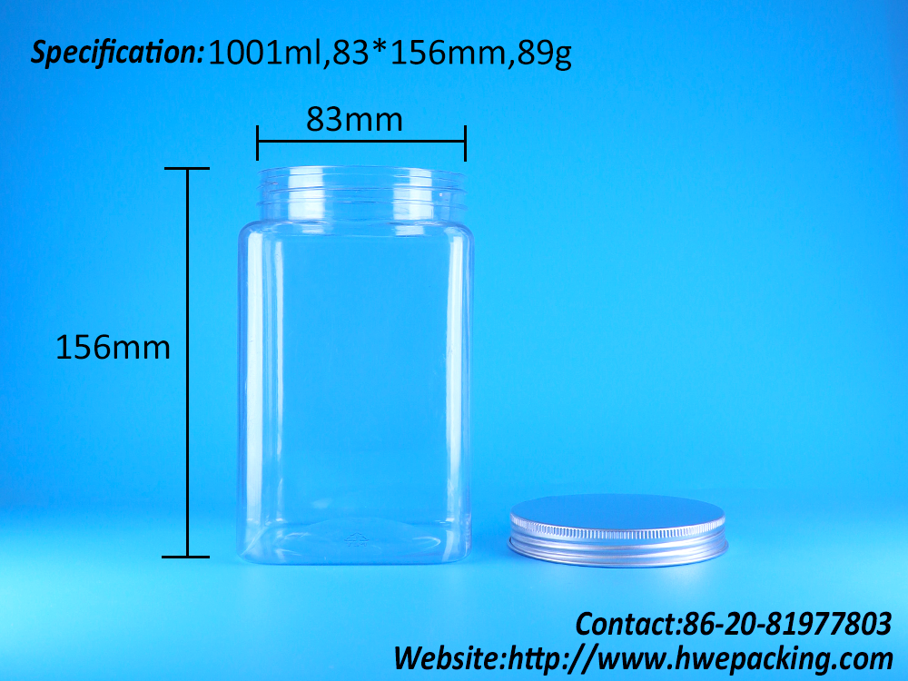 Transparent Cheap Empty Square PET Plastic Candy Tall Jars Bulk Flat Aluminum Cap