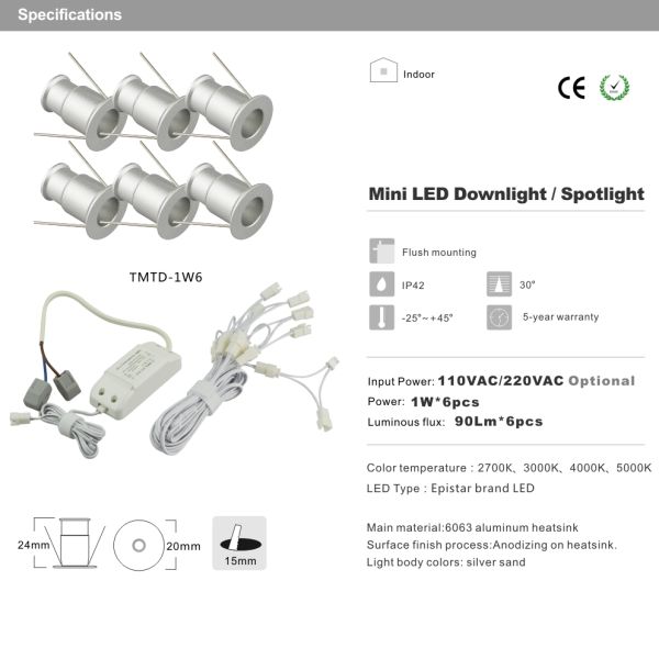 Mini 1W LED Downlight 6pcs+LED Drive Kit Dimmable Recessed LED spotlight
