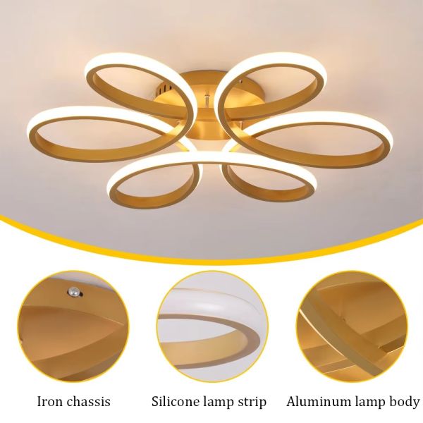 Dimmable Gold Surface Mounted Led Acrylic Ceiling Light Minimalist Creative Ring Hanging Light Flower Shape Modern