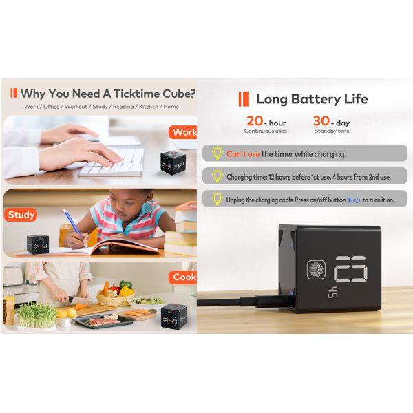 Magnetic Productivity Ticktime Pomodoro Timer Cube Mute Vibration Adjustable Sound