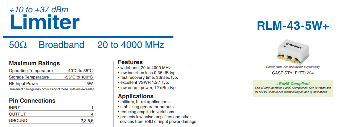 RLM-43-5W+ is a radio - frequency limiter produced by Mini - Circuits.