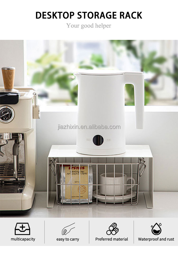Stackable 2 Tier Tower Rack White Desktop Spice Jar Microwave Coffee Machine Stand Bowl Plate Cup Divider with Metal Mesh Basket