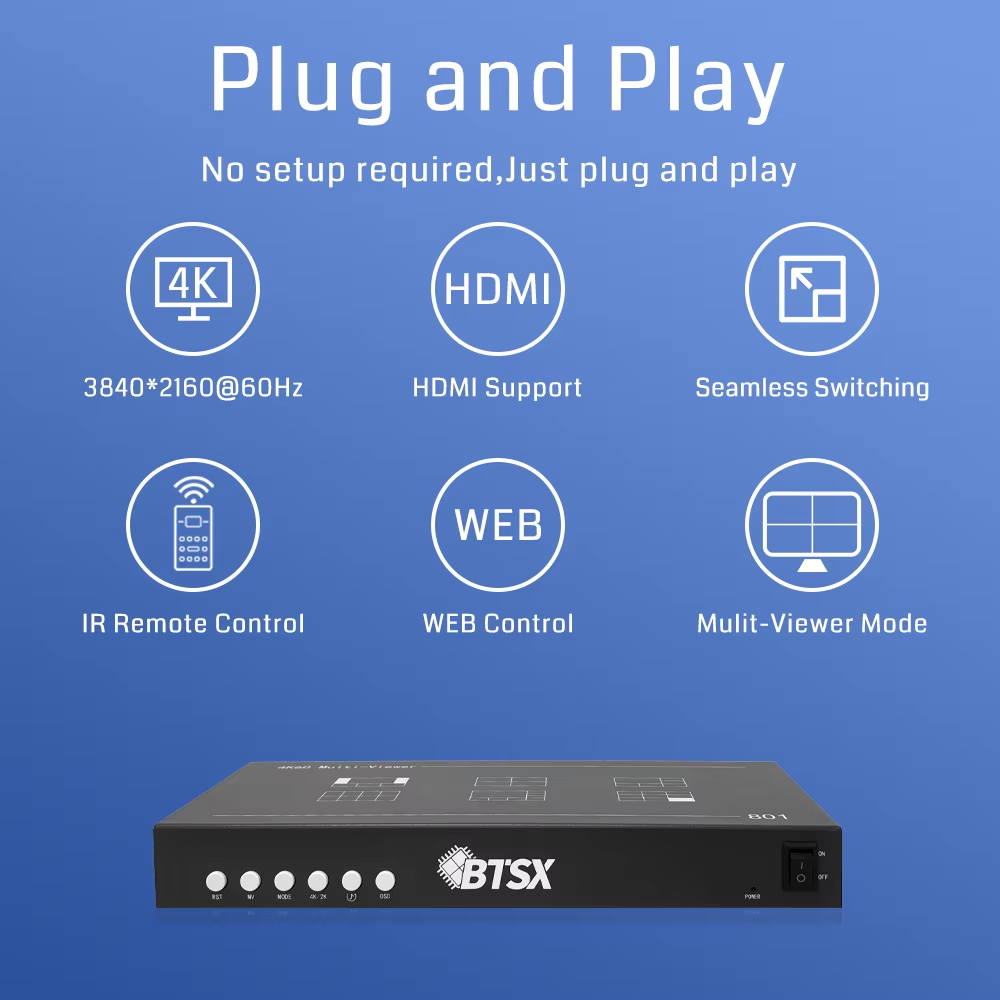 4K60 Resolution Adaptive Video Splitter 8 Inputs 1 Output Multi-viewer Professional Grade CCTV Monitoring Picture Synthesizer
