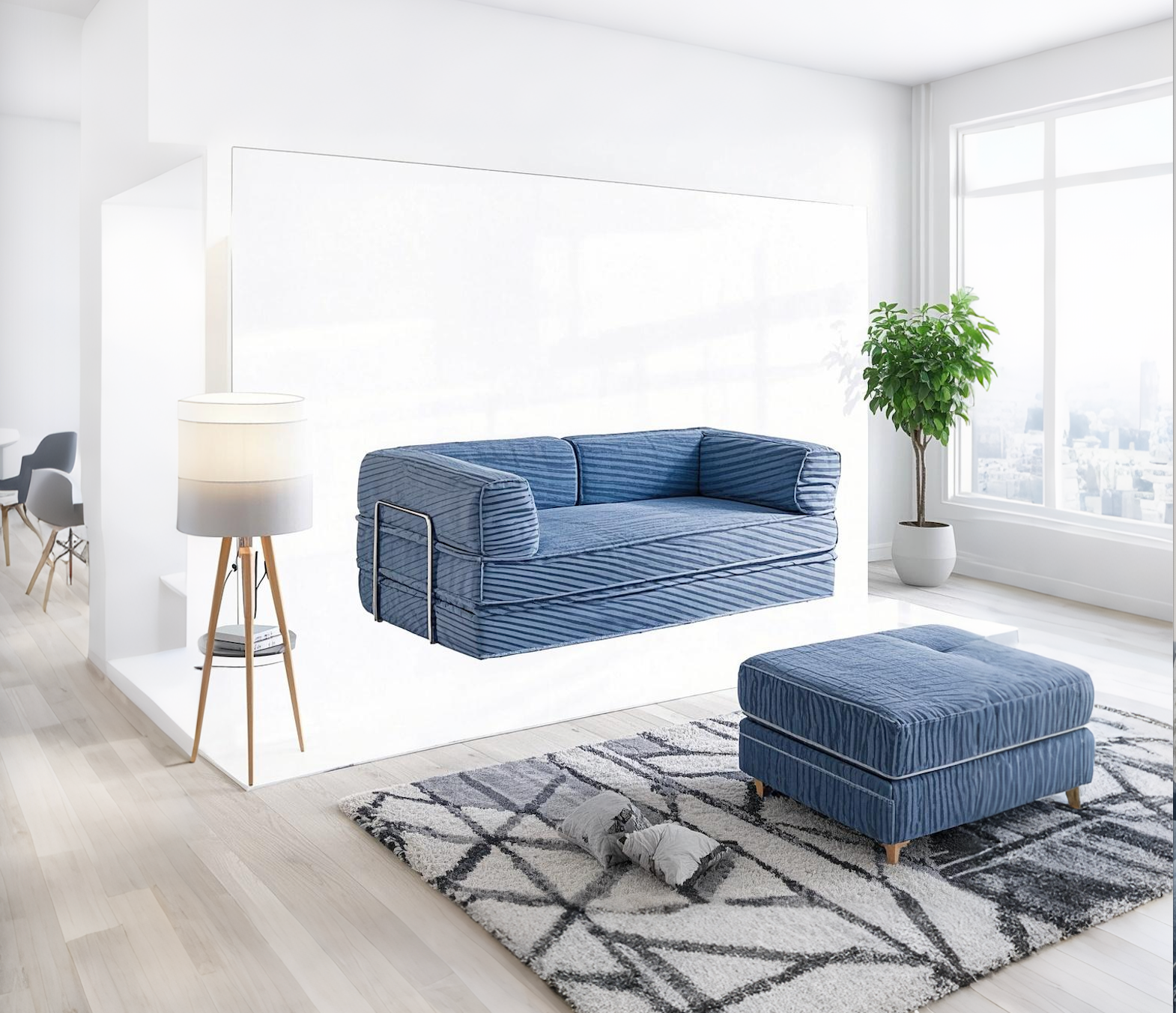 Blue Multi-Functional Fabric Sectional Sofa Set Comfortable Convertible Extendable Sponge Filled Foldout Bed for Living Room